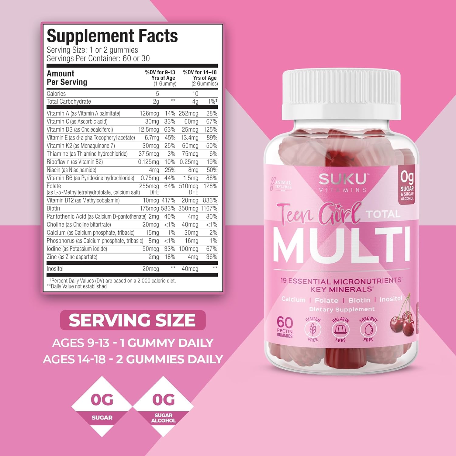 Sugar Free Vegetarian Teen Girl Gummy Vitamins with 19 Essential Nutrients for Bone Strength, Muscle Health, and Energy – Cherry Flavor (60 Count) - BoostGo Australia