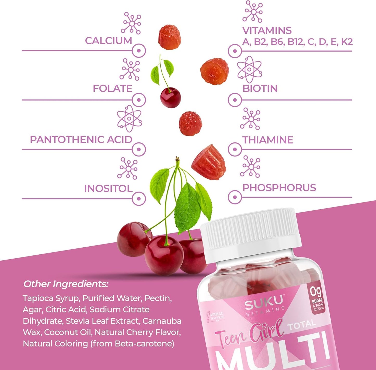 Sugar Free Vegetarian Teen Girl Gummy Vitamins with 19 Essential Nutrients for Bone Strength, Muscle Health, and Energy – Cherry Flavor (60 Count) - BoostGo Australia