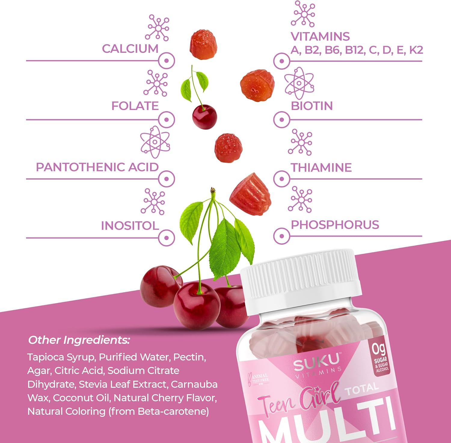 Sugar Free Vegetarian Teen Girl Gummy Vitamins with 19 Essential Nutrients for Bone Strength, Muscle Health, and Energy – Cherry Flavor (60 Count) - BoostGo Australia