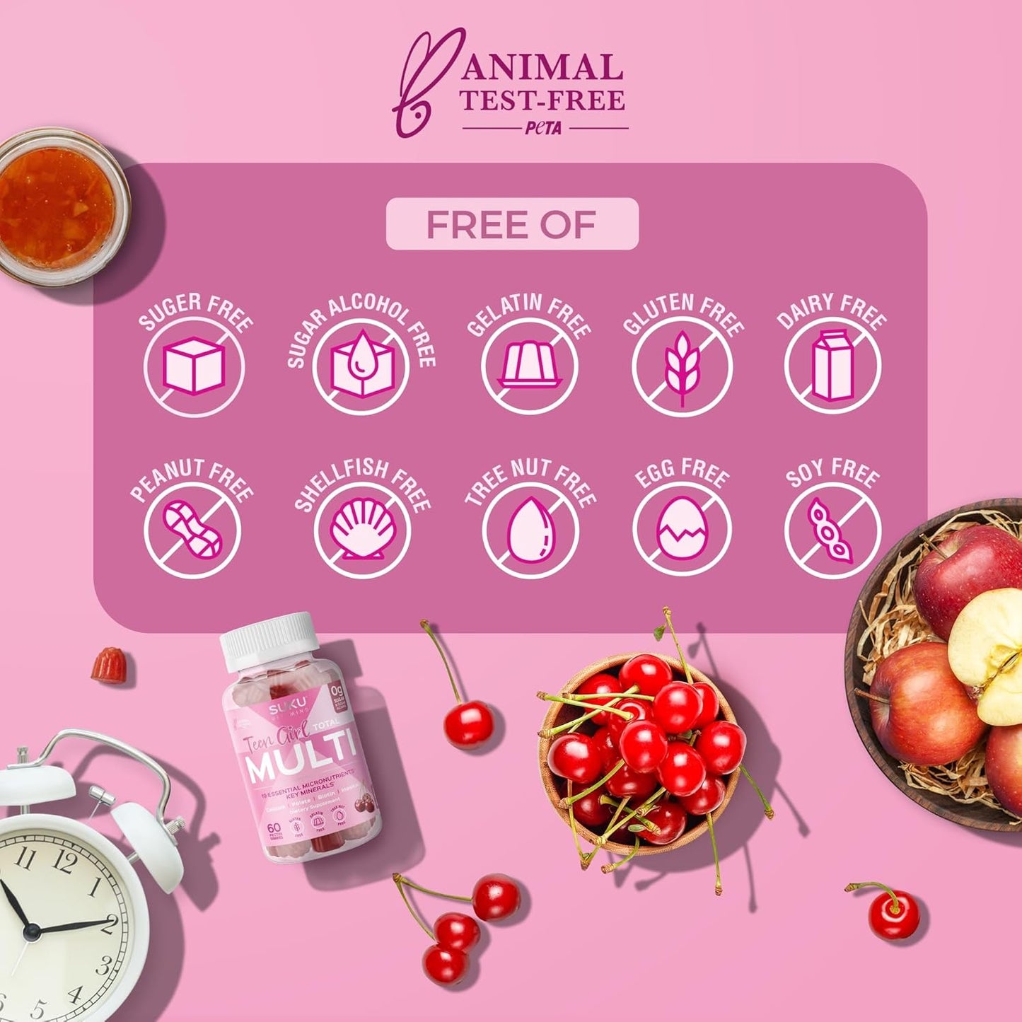 Sugar Free Vegetarian Teen Girl Gummy Vitamins with 19 Essential Nutrients for Bone Strength, Muscle Health, and Energy – Cherry Flavor (60 Count) - BoostGo Australia