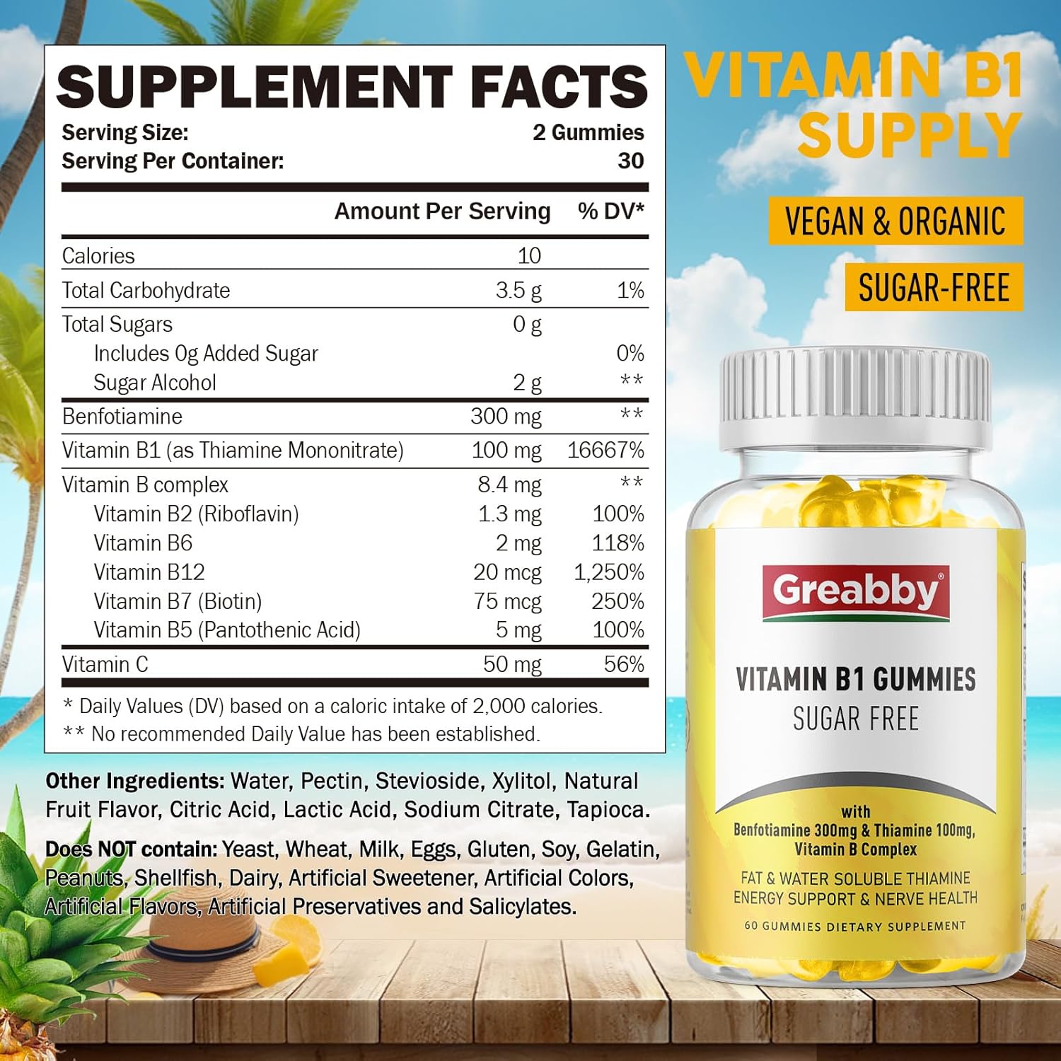 Sugar-Free Vitamin B1 Gummies for Adults - 400mg, Thiamine 100mg & Benfotiamine 300mg, Chewable Energy & Nervous System Health Support, 60 Gummies