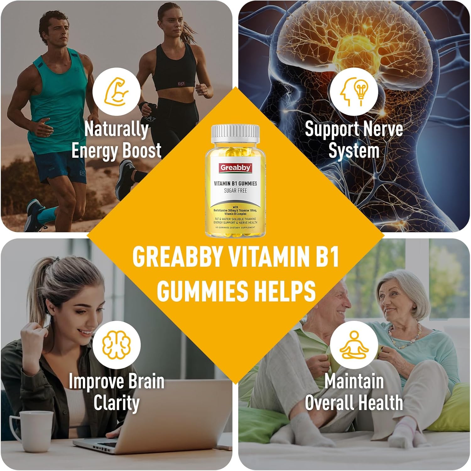 Sugar-Free Vitamin B1 Gummies for Adults - 400mg, Thiamine 100mg & Benfotiamine 300mg, Chewable Energy & Nervous System Health Support, 60 Gummies