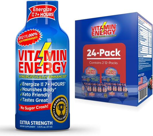 Sugar-Free Vitamin B12 Energy Shot Supplement with Acai Pomegranate Flavor - Pack of 24 - Energize for 7+ Hours