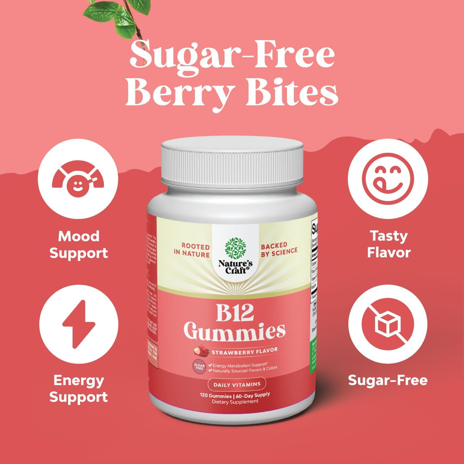 Sugar Free Vitamin B12 Gummies 1000 mcg for Adults - Energy & Mood Support - Kosher Non-GMO & Gluten Free - 120 Count