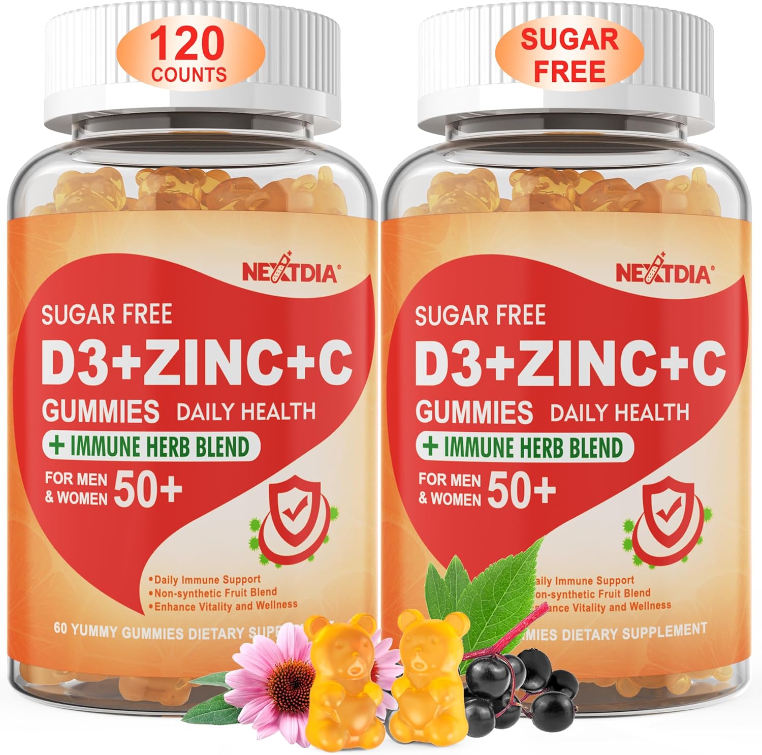 Sugar Free Vitamin C + D3 + Zinc Gummies for Adults 50 + - Immune Defense Supplement with Elderberry, Echinacea, Mullein Leaf - Vegan - Pack of 2
