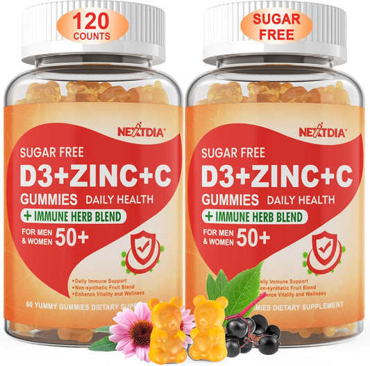 Sugar Free Vitamin C + D3 + Zinc Gummies for Adults 50 + - Immune Defense Supplement with Elderberry, Echinacea, Mullein Leaf - Vegan - Pack of 2