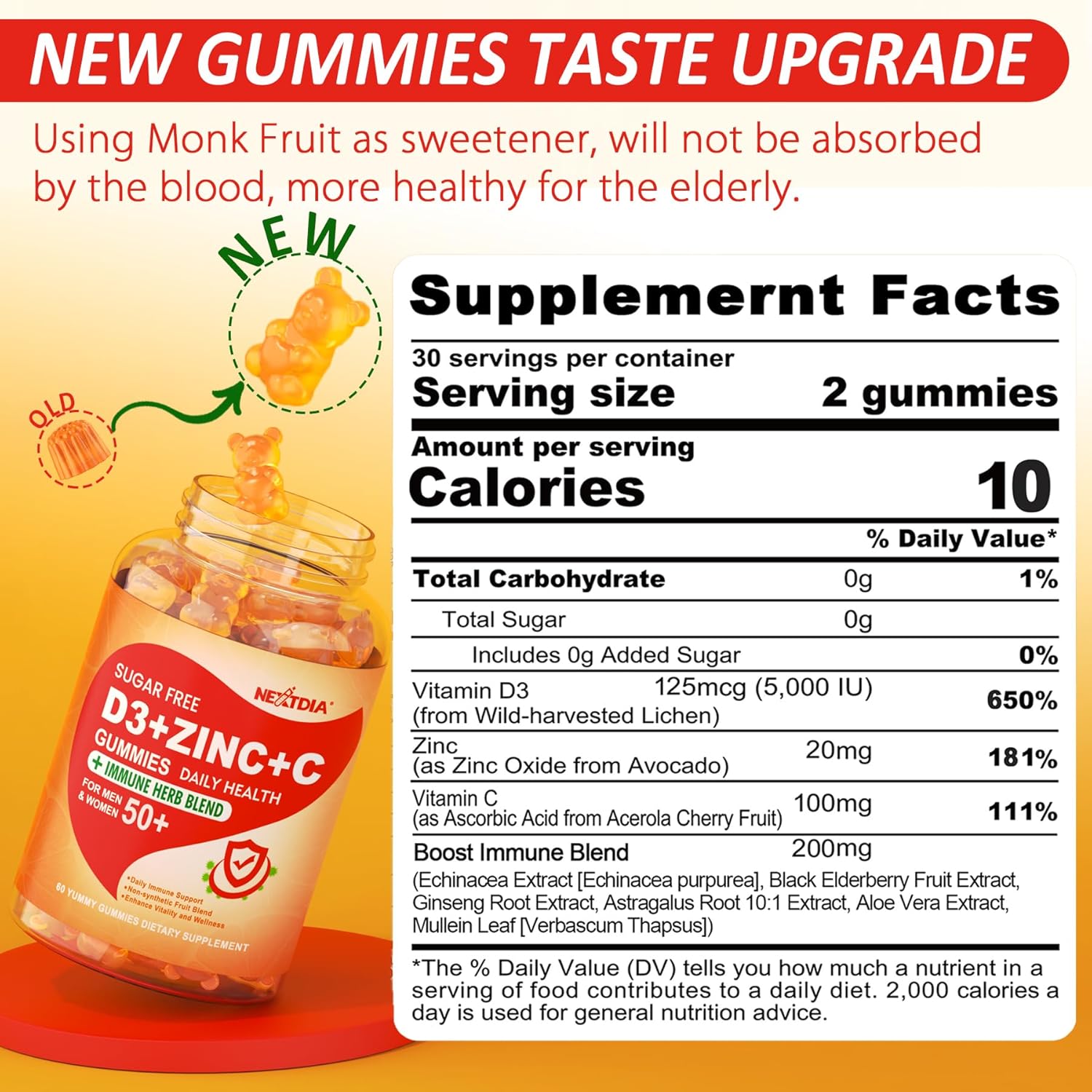 Sugar Free Vitamin C + D3 + Zinc Gummies for Adults 50 + - Immune Defense Supplement with Elderberry, Echinacea, Mullein Leaf - Vegan - Pack of 2