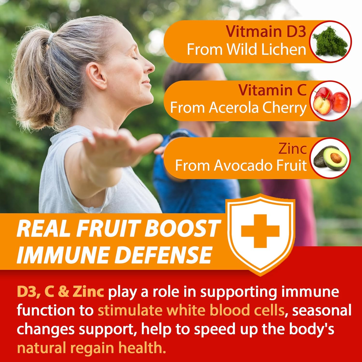Sugar Free Vitamin C + D3 + Zinc Gummies for Adults 50 + - Immune Defense Supplement with Elderberry, Echinacea, Mullein Leaf - Vegan - Pack of 2