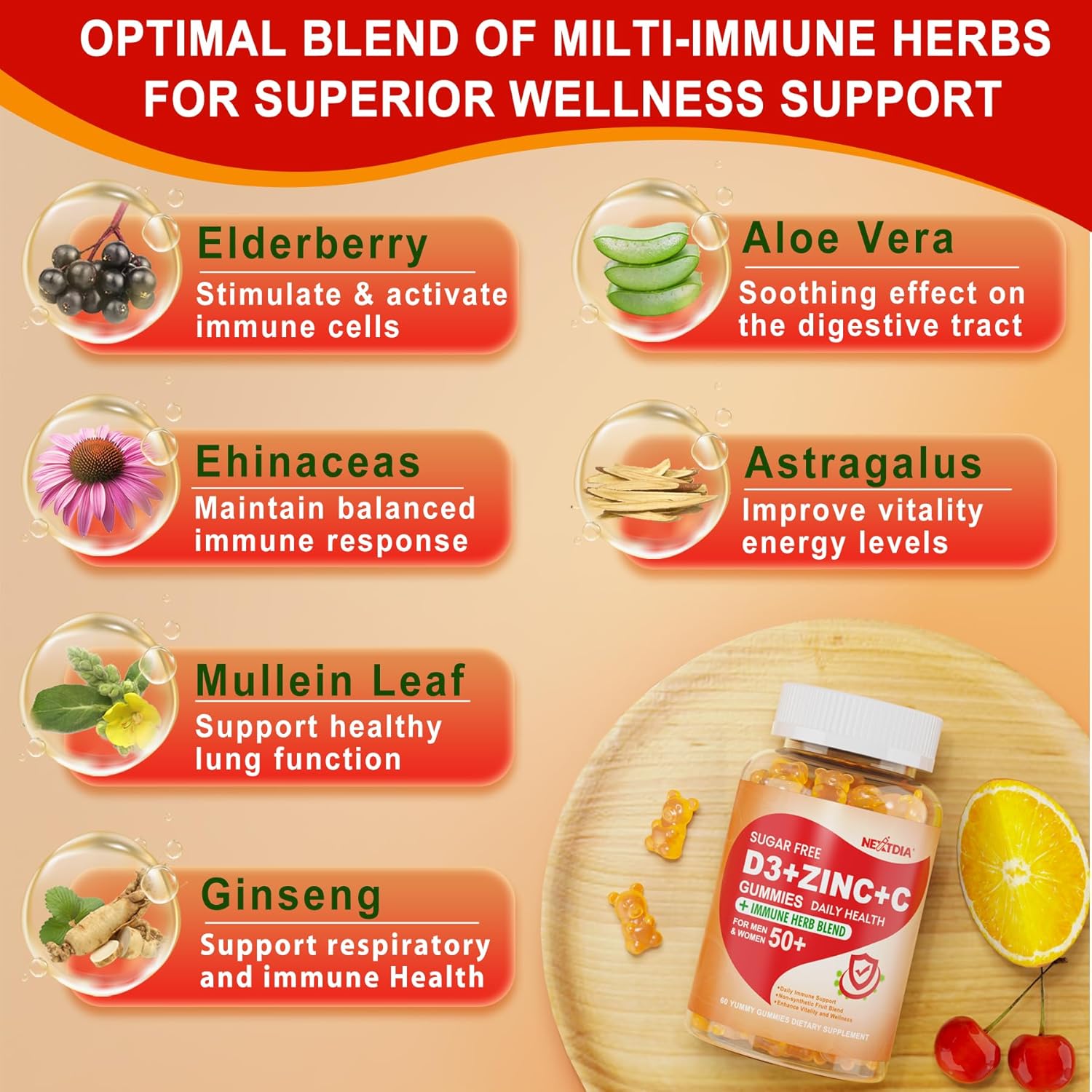Sugar Free Vitamin C + D3 + Zinc Gummies for Adults 50 + - Immune Defense Supplement with Elderberry, Echinacea, Mullein Leaf - Vegan - Pack of 2