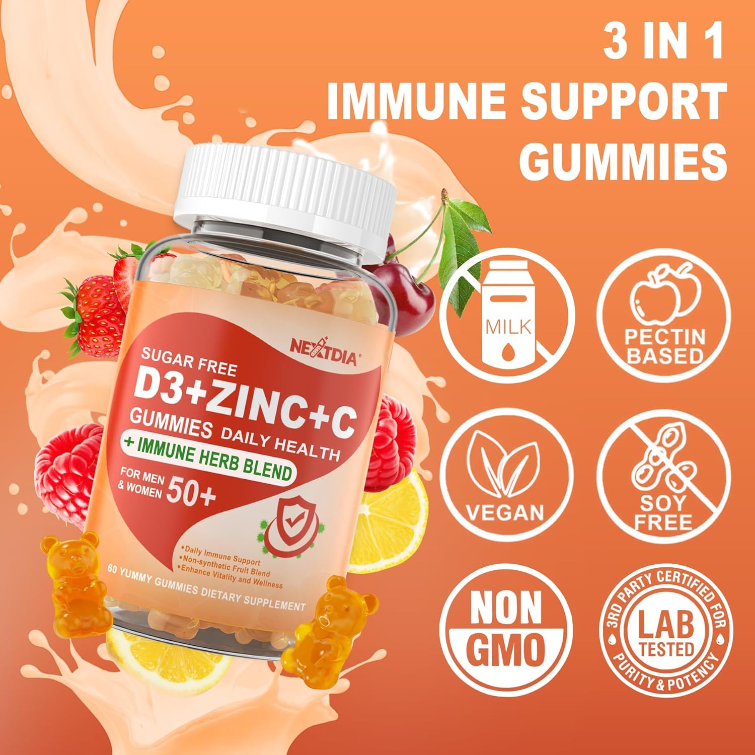 Sugar Free Vitamin C + D3 + Zinc Gummies for Adults 50 + - Immune Defense Supplement with Elderberry, Echinacea, Mullein Leaf - Vegan - Pack of 2