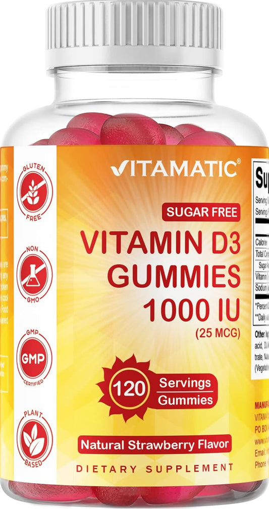 Sugar-Free Vitamin D3-120 Pectin Gummies for Healthy Bones, Mood & Immune System - Non-GMO - 120 Servings (1000 IU)