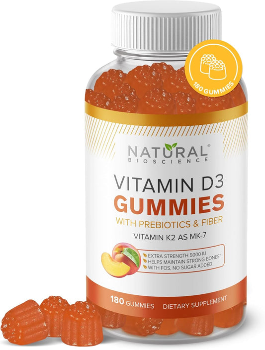 Sugar-Free Vitamin D3 K2 Gummies - High Potency Vitamin D3 5000 IU + K2 MK7 80 mcg Supplement for Adults - Bone, Immune, Heart, and Mood Support - Natural Peach Flavor - Gluten-Free and Non-GMO