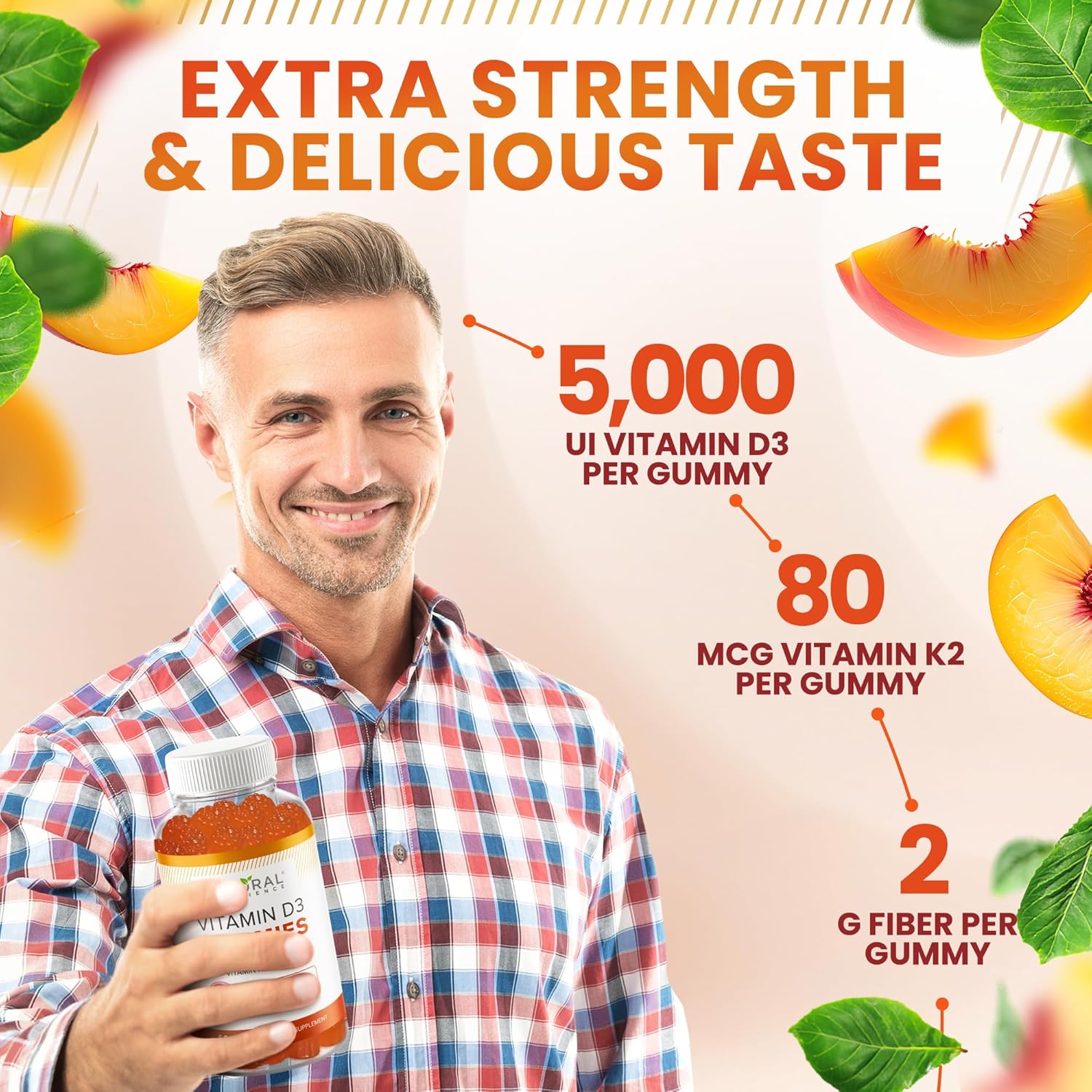 Sugar-Free Vitamin D3 K2 Gummies - High Potency Vitamin D3 5000 IU + K2 MK7 80 mcg Supplement for Adults - Bone, Immune, Heart, and Mood Support - Natural Peach Flavor - Gluten-Free and Non-GMO