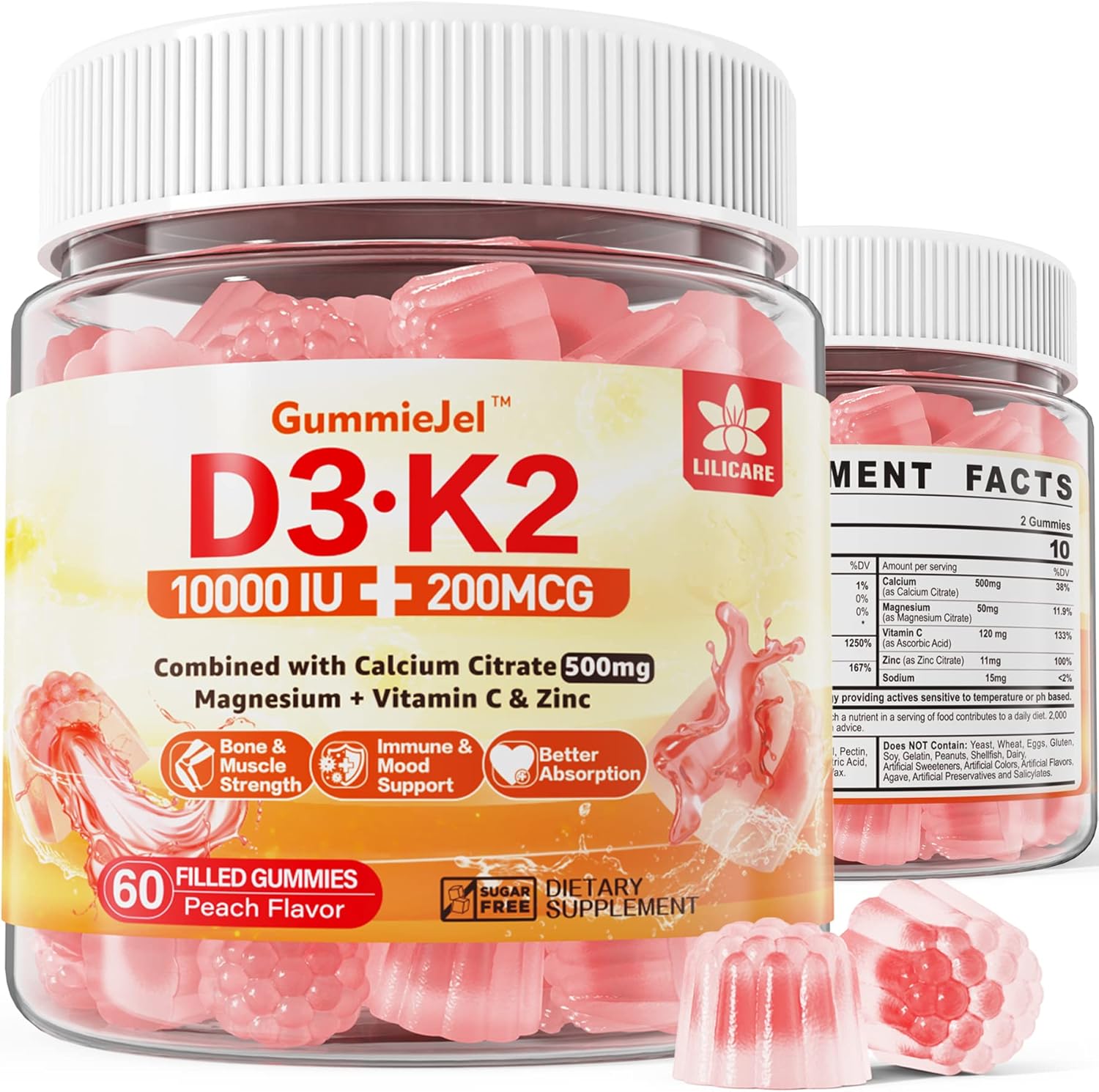 Sugar-Free Vitamin D3 K2 Gummies with Calcium, Magnesium, Vitamin C + Berberine Supplement