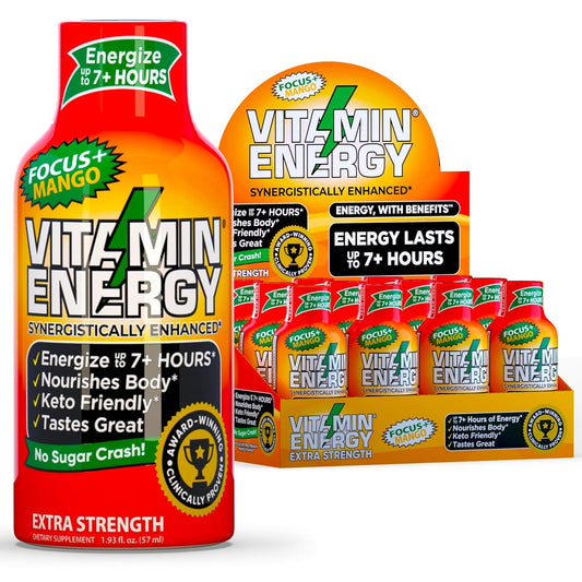 Sugar-Free Vitamin Energy Shots for 7+ Hours of Focus and Energy - Mango Flavor - 12 Pack