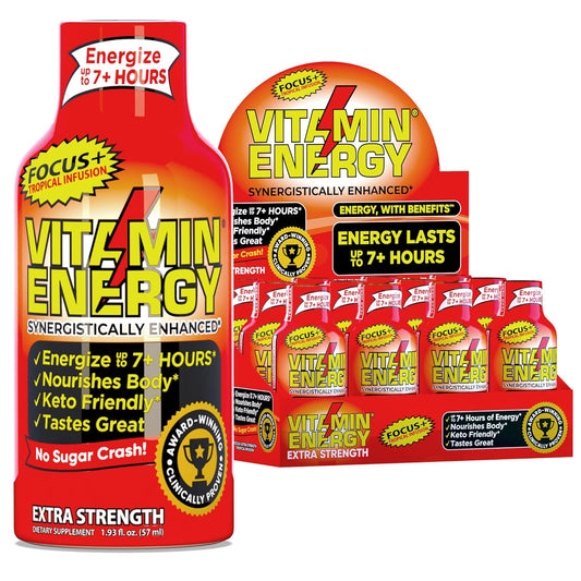 Sugar-Free Vitamin Energy Shots for Focus, Clarity, and Concentration Boosting - Keto/Vegan Friendly Tropical Infusion - 1.93 Fl Oz (Pack of 12)