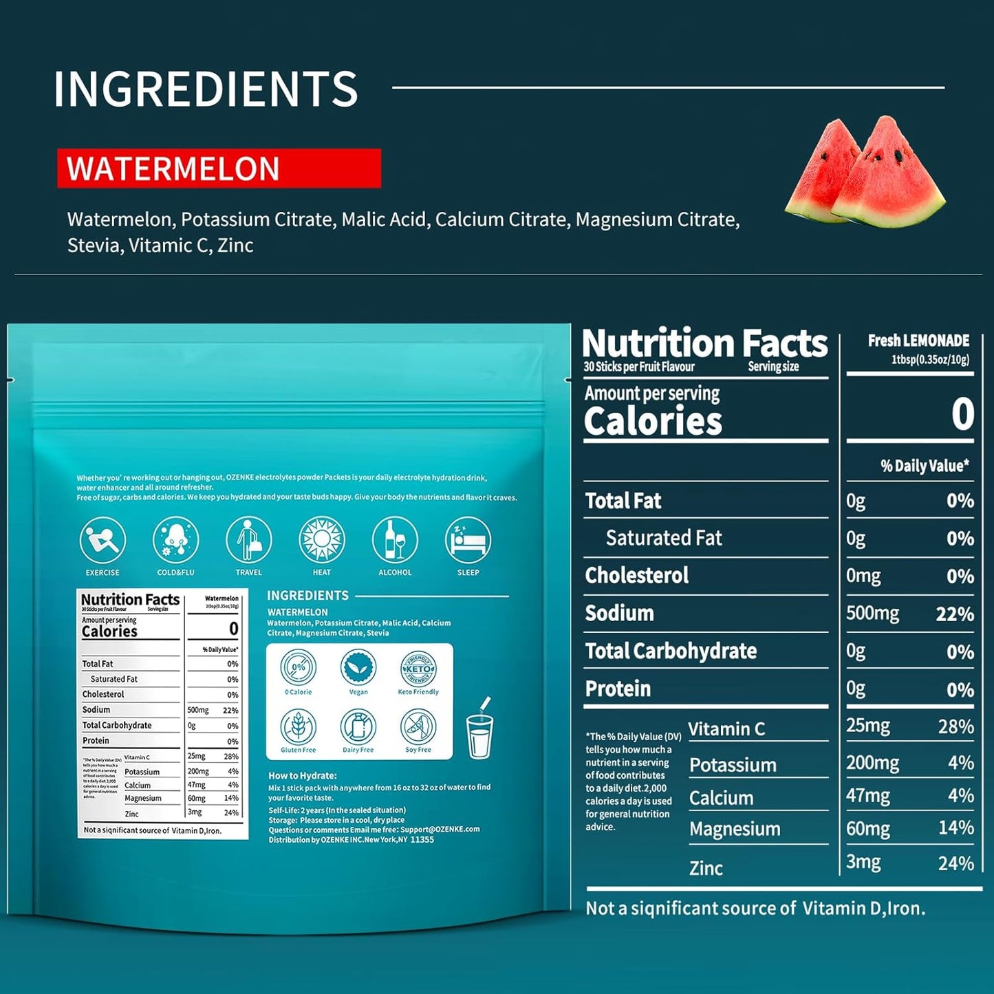 Sugar-Free Watermelon Electrolyte Powder Packets - 30 Sticks for Rapid Hydration