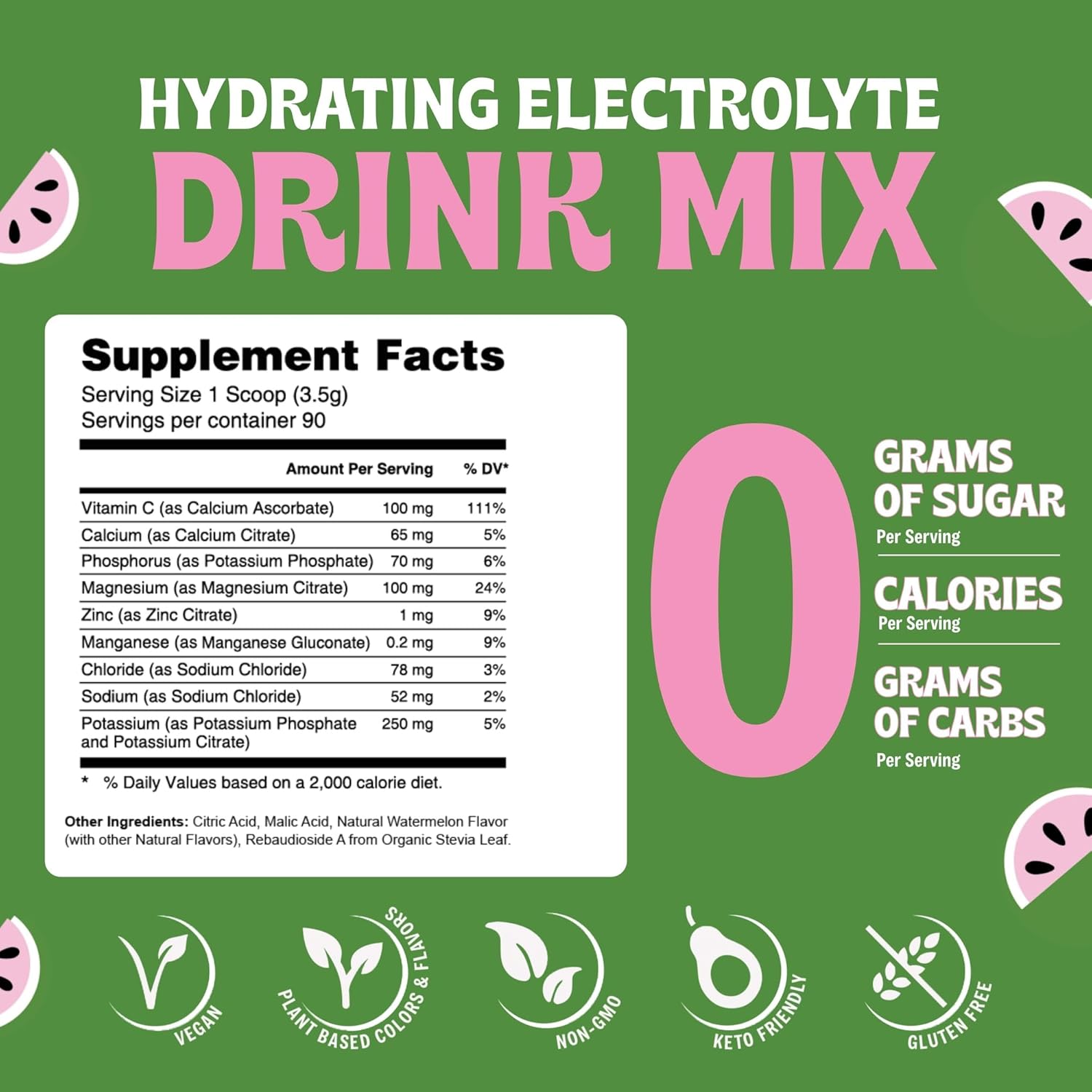Sugar-Free Watermelon Electrolytes Powder - 90 Servings, Keto & Vegan Hydration Mix, No Calories or Artificial Ingredients