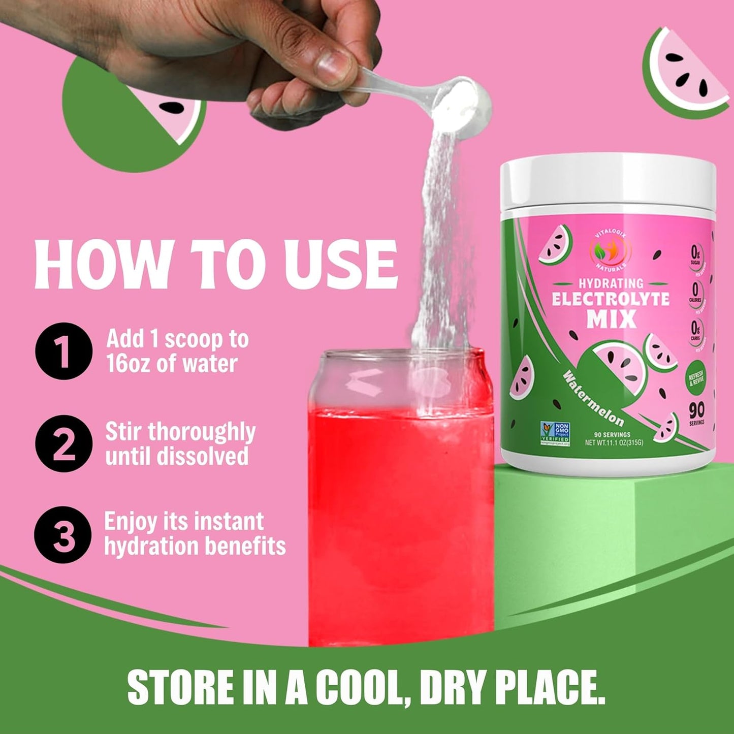 Sugar-Free Watermelon Electrolytes Powder - 90 Servings, Keto & Vegan Hydration Mix, No Calories or Artificial Ingredients