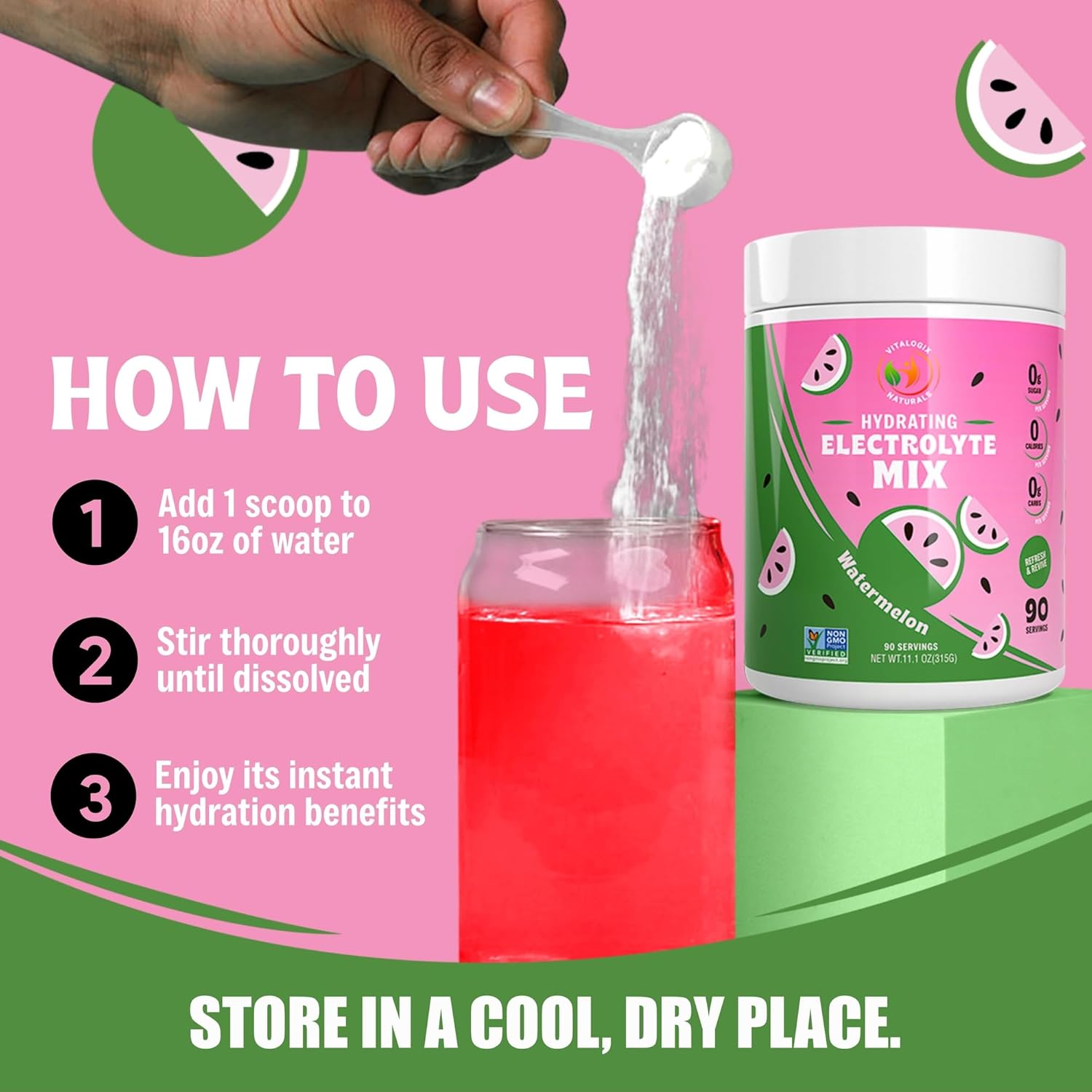 Sugar-Free Watermelon Electrolytes Powder - 90 Servings, Keto & Vegan Hydration Mix, No Calories or Artificial Ingredients