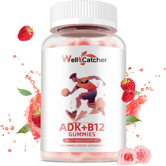 Sugar Free Wellcatcher Vitamin ADK+B12 Gummies - Vegan Multivitamin Supplement for Men and Women with Vitamin D3, K2, B12, K2 (MK-7) - Supports Bone, Brain, Immune System, Skin, Eye, and Heart Health - 60 Count Raspberry Flavored - 1 Pack