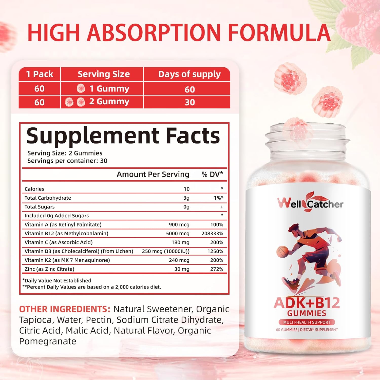 Sugar Free Wellcatcher Vitamin ADK+B12 Gummies - Vegan Multivitamin Supplement for Men and Women with Vitamin D3, K2, B12, K2 (MK-7) - Supports Bone, Brain, Immune System, Skin, Eye, and Heart Health - 60 Count Raspberry Flavored - 1 Pack