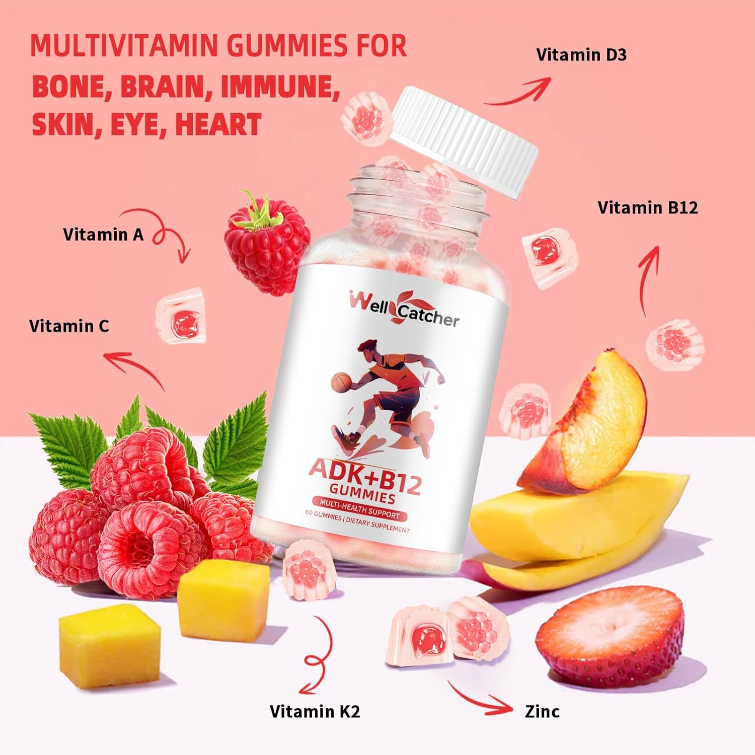 Sugar Free Wellcatcher Vitamin ADK+B12 Gummies - Vegan Multivitamin Supplement for Men and Women with Vitamin D3, K2, B12, K2 (MK-7) - Supports Bone, Brain, Immune System, Skin, Eye, and Heart Health - 60 Count Raspberry Flavored - 1 Pack