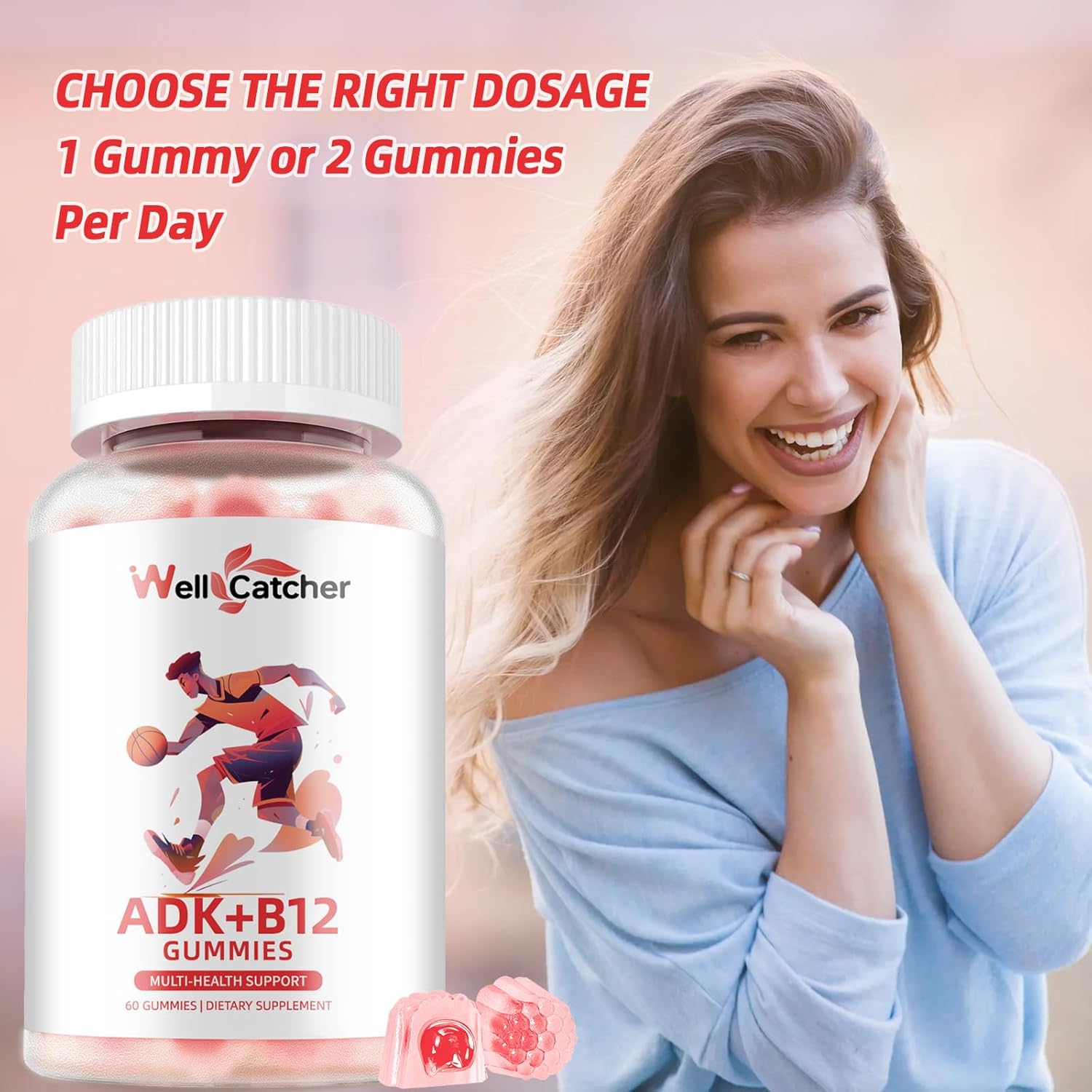 Sugar Free Wellcatcher Vitamin ADK+B12 Gummies - Vegan Multivitamin Supplement for Men and Women with Vitamin D3, K2, B12, K2 (MK-7) - Supports Bone, Brain, Immune System, Skin, Eye, and Heart Health - 60 Count Raspberry Flavored - 1 Pack