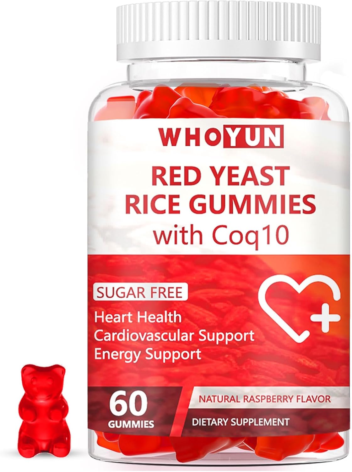 Sugar-Free Whoyun Red Yeast Rice CoQ10 Gummies - 60 Chewables for Heart Health & Cholesterol Support