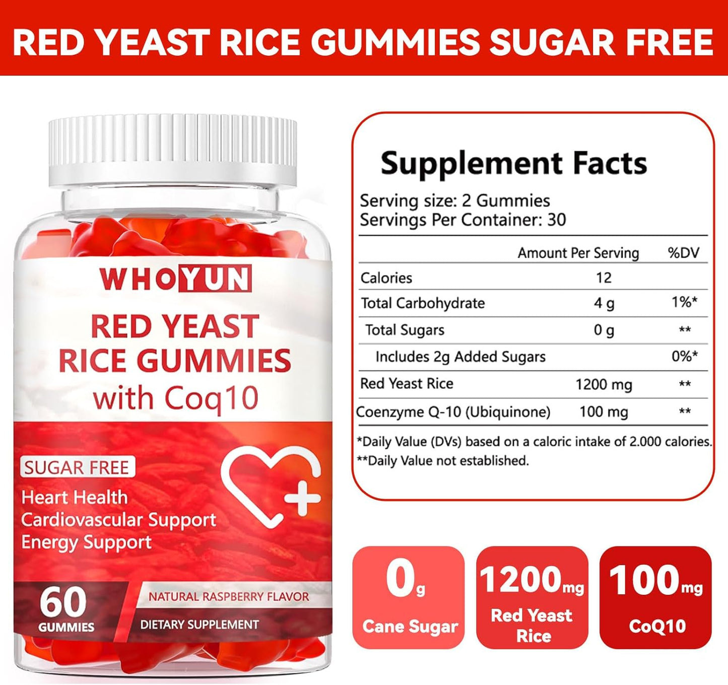 Sugar-Free Whoyun Red Yeast Rice CoQ10 Gummies - 60 Chewables for Heart Health & Cholesterol Support