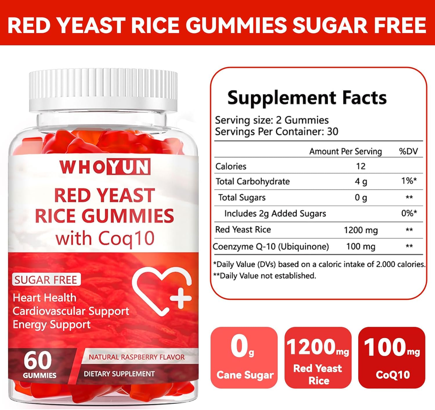 Sugar-Free Whoyun Red Yeast Rice CoQ10 Gummies - 60 Chewables for Heart Health & Cholesterol Support