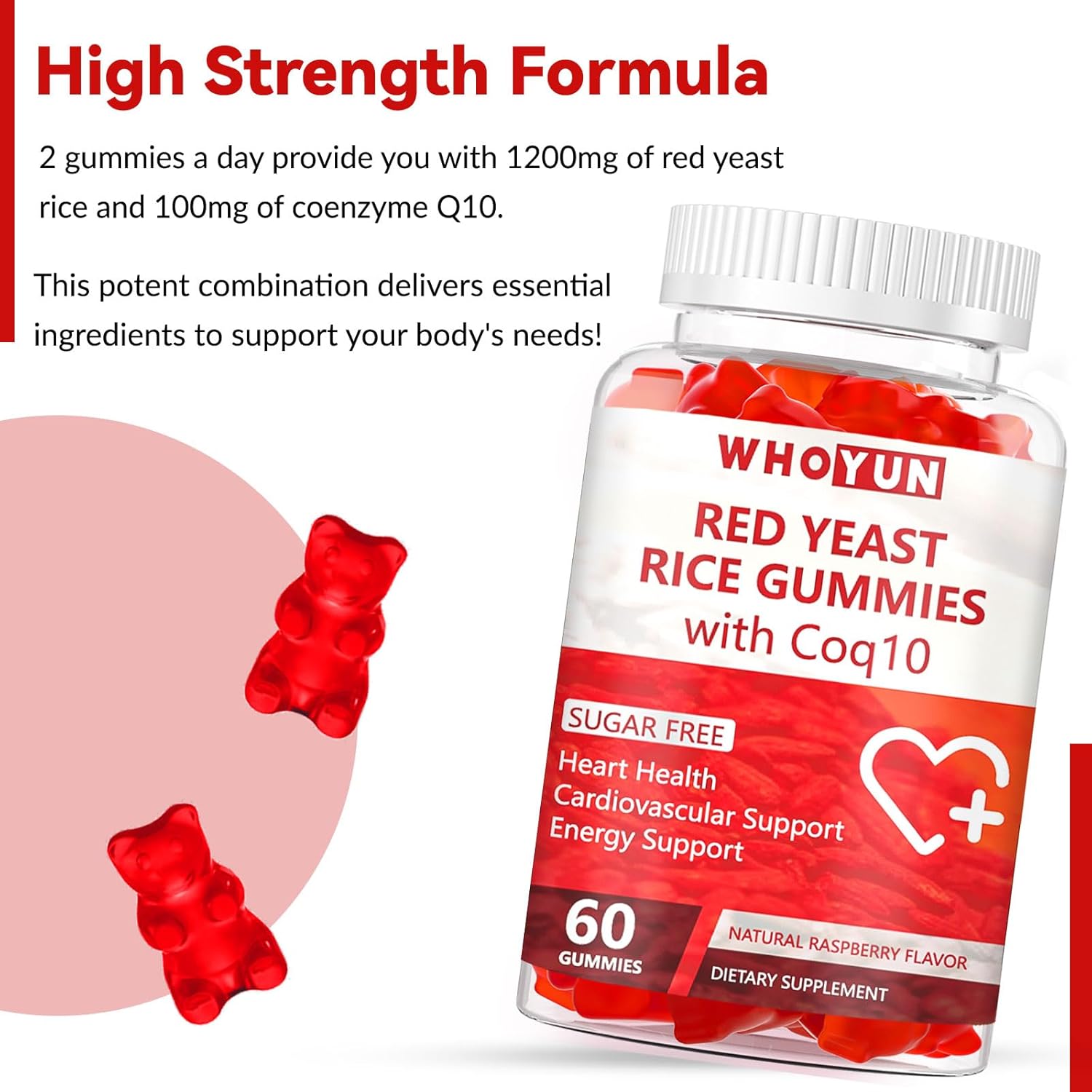 Sugar-Free Whoyun Red Yeast Rice CoQ10 Gummies - 60 Chewables for Heart Health & Cholesterol Support