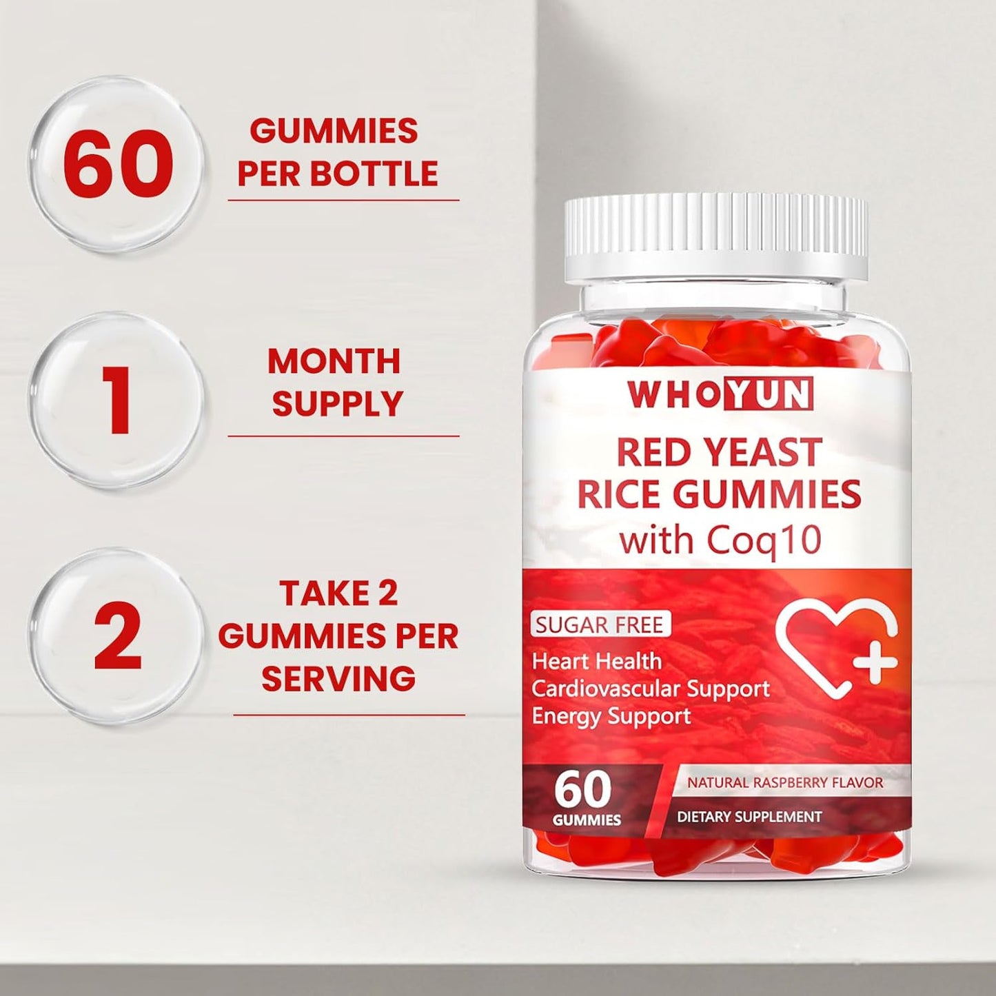 Sugar-Free Whoyun Red Yeast Rice CoQ10 Gummies - 60 Chewables for Heart Health & Cholesterol Support