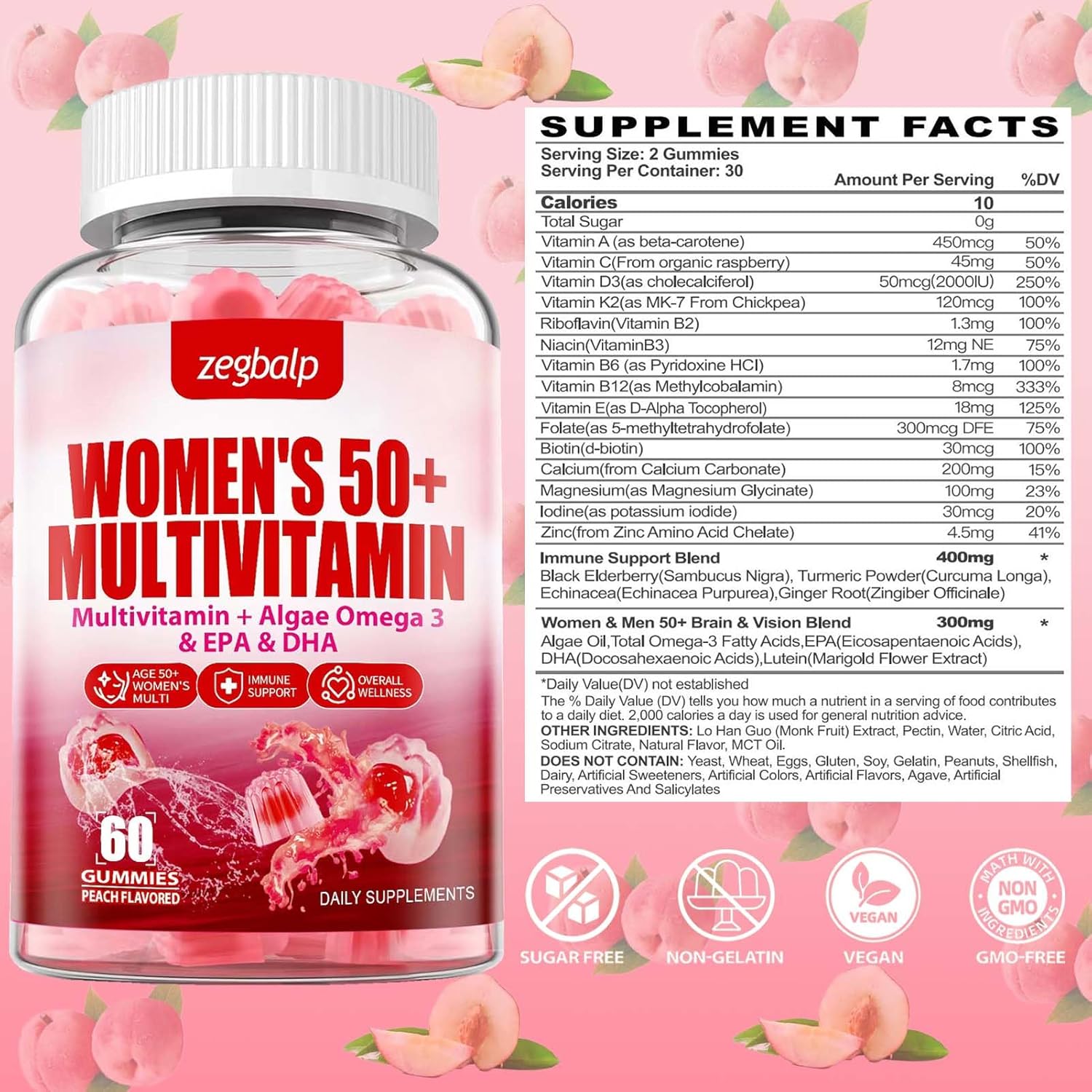 Sugar-Free Women's Multivitamin 50 Plus Gummies with Essential Nutrients for Skin, Energy, Eye, and Immune Support