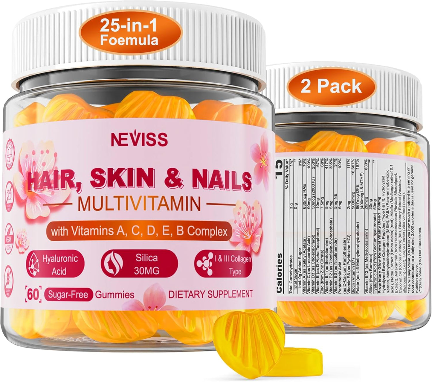 Sugar Free Women's Multivitamin Gummies with Biotin, Collagen, Hyaluronic Acid, and Vitamin Complex - Hair, Skin, Nails, Energy Booster