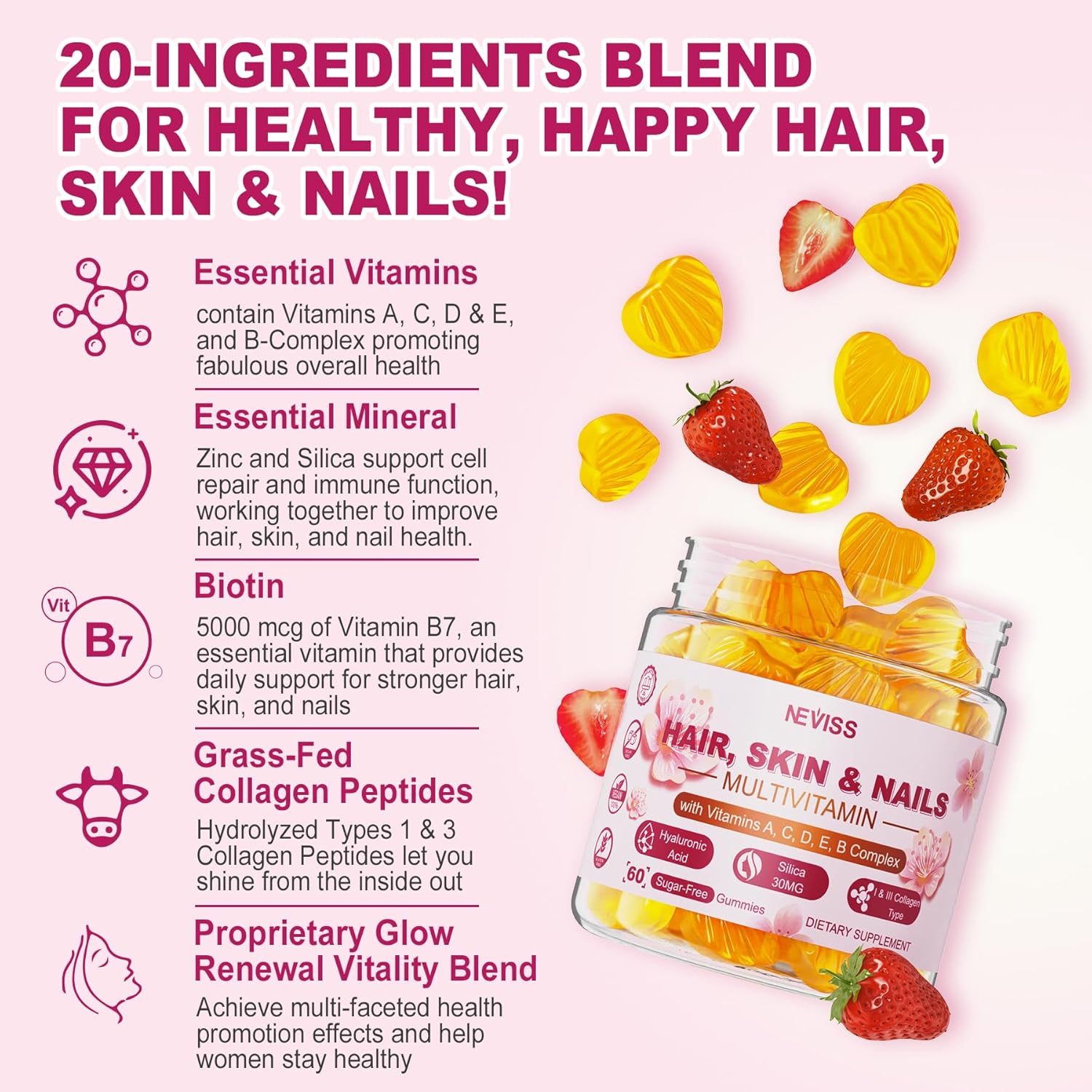 Sugar Free Women's Multivitamin Gummies with Biotin, Collagen, Hyaluronic Acid, and Vitamin Complex - Hair, Skin, Nails, Energy Booster