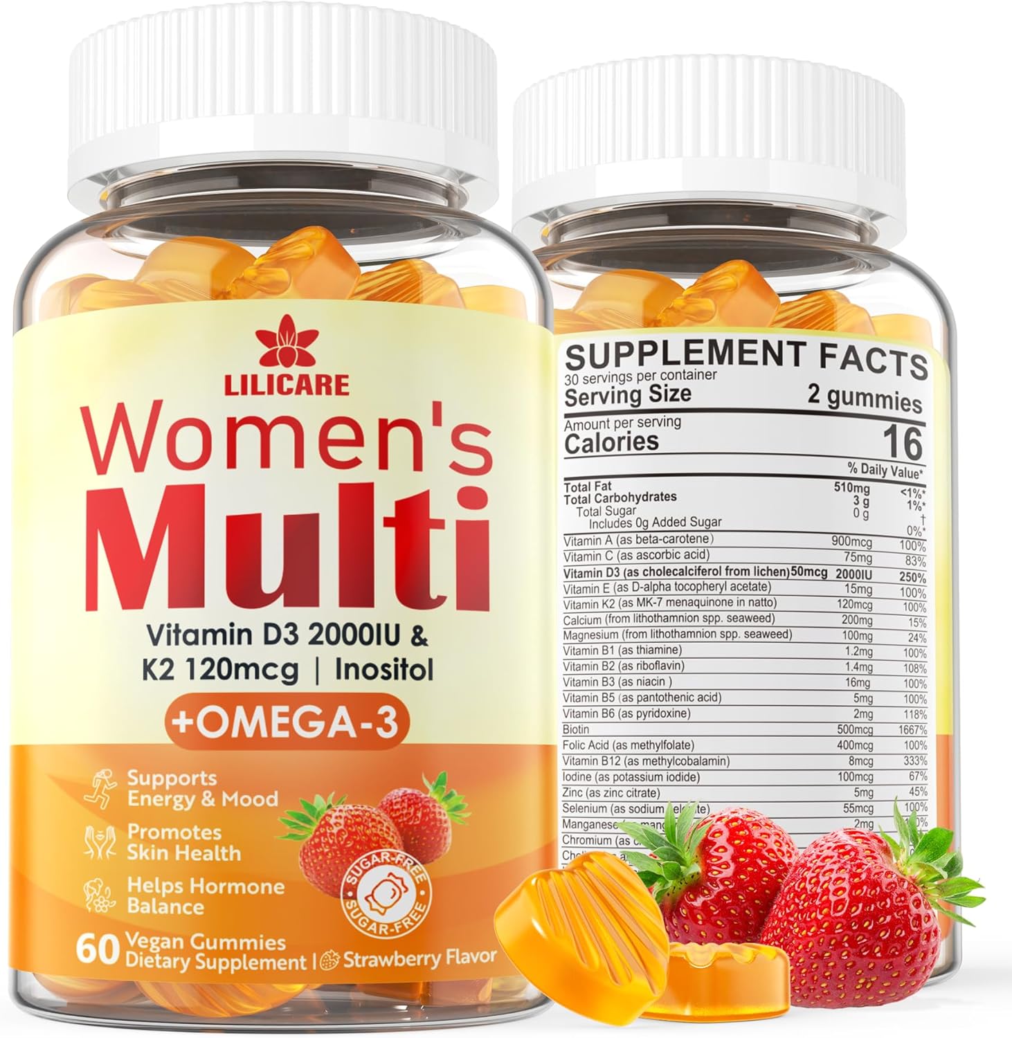 Sugar-Free Womens Multivitamin Gummies with Methylated Nutrients and Vegan Omega 3 - 60 Count