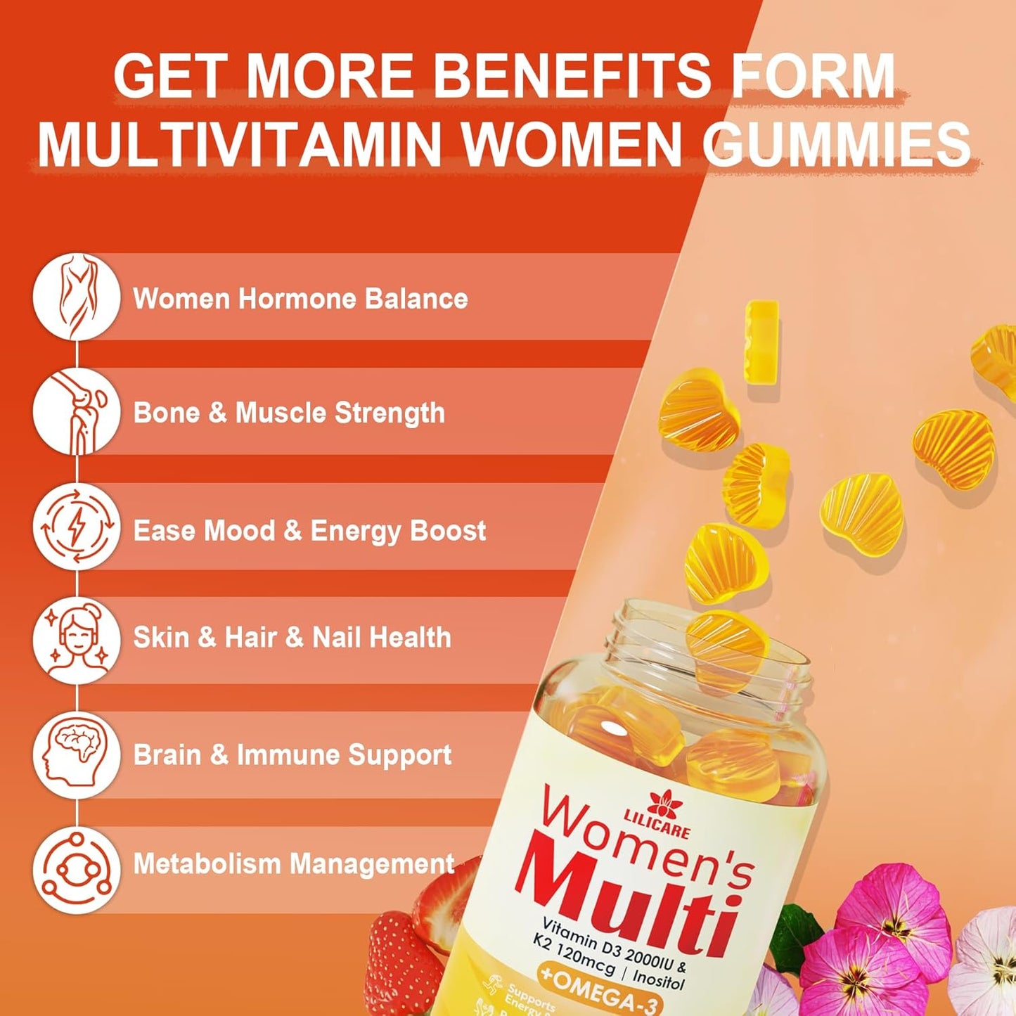 Sugar-Free Womens Multivitamin Gummies with Methylated Nutrients and Vegan Omega 3 - 60 Count