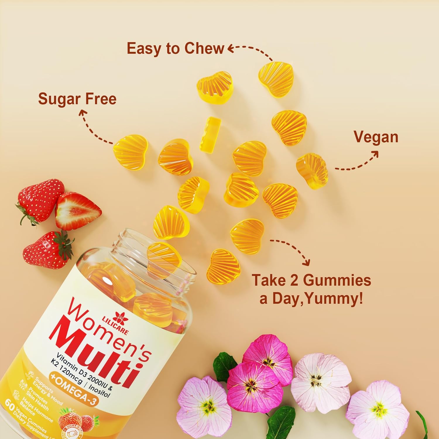 Sugar-Free Womens Multivitamin Gummies with Methylated Nutrients and Vegan Omega 3 - 60 Count