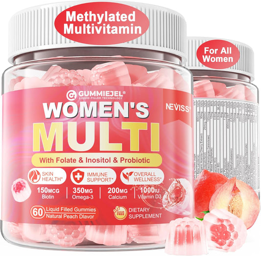 Sugar-Free Womens Multivitamin Gummies with Omega-3, Enzymes, Probiotics, and Essential Nutrients for Skin, Hair Growth, and Overall Health