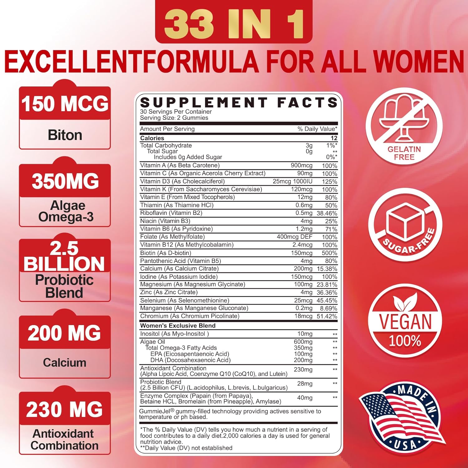 Sugar-Free Womens Multivitamin Gummies with Omega-3, Enzymes, Probiotics, and Essential Nutrients for Skin, Hair Growth, and Overall Health