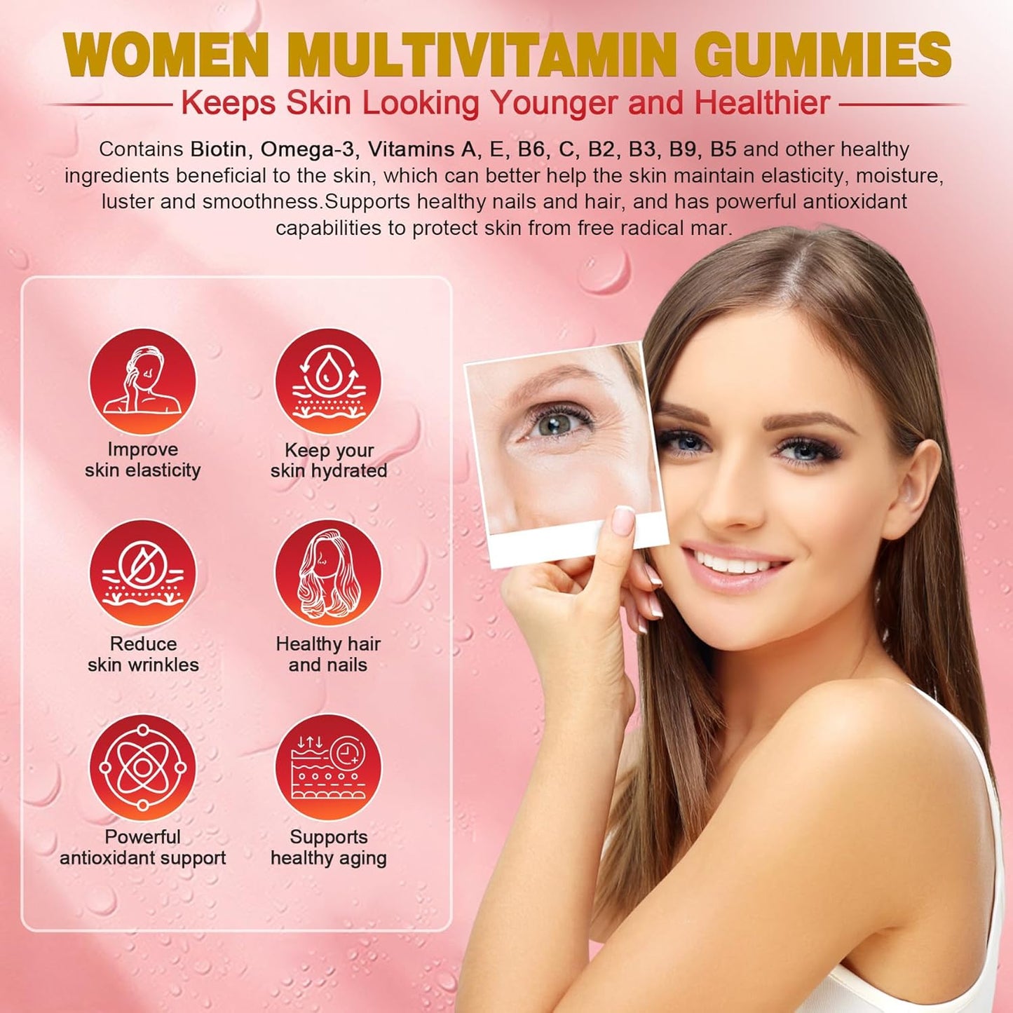 Sugar-Free Womens Multivitamin Gummies with Omega-3, Enzymes, Probiotics, and Essential Nutrients for Skin, Hair Growth, and Overall Health