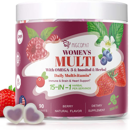 Sugar-Free Women's Multivitamin Gummies with Prebiotics, Omega-3, CoQ10, and Essential Vitamins for Heart, Brain, Gut, Energy, and Immune Support