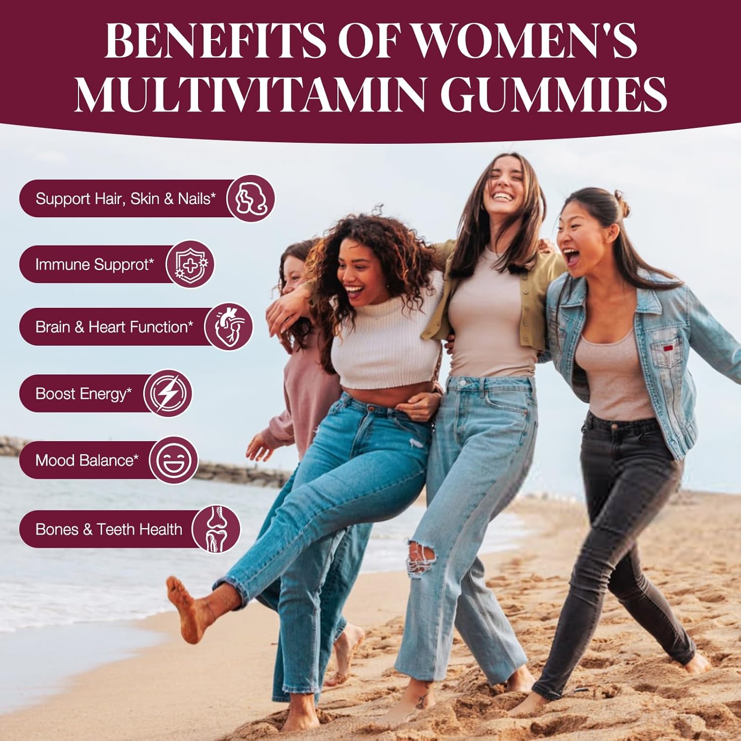 Sugar-Free Women's Multivitamin Gummies with Prebiotics, Omega-3, CoQ10, and Essential Vitamins for Heart, Brain, Gut, Energy, and Immune Support