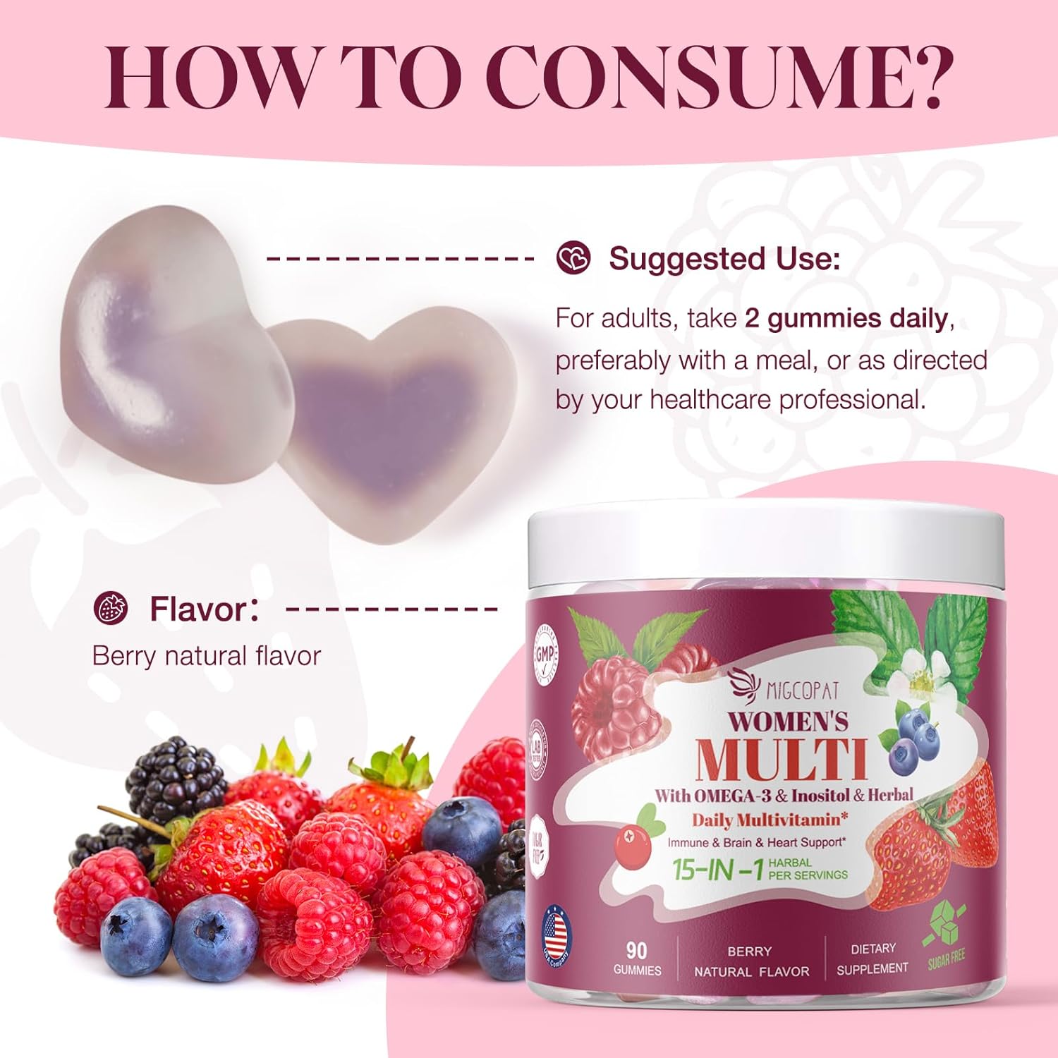 Sugar-Free Women's Multivitamin Gummies with Prebiotics, Omega-3, CoQ10, and Essential Vitamins for Heart, Brain, Gut, Energy, and Immune Support