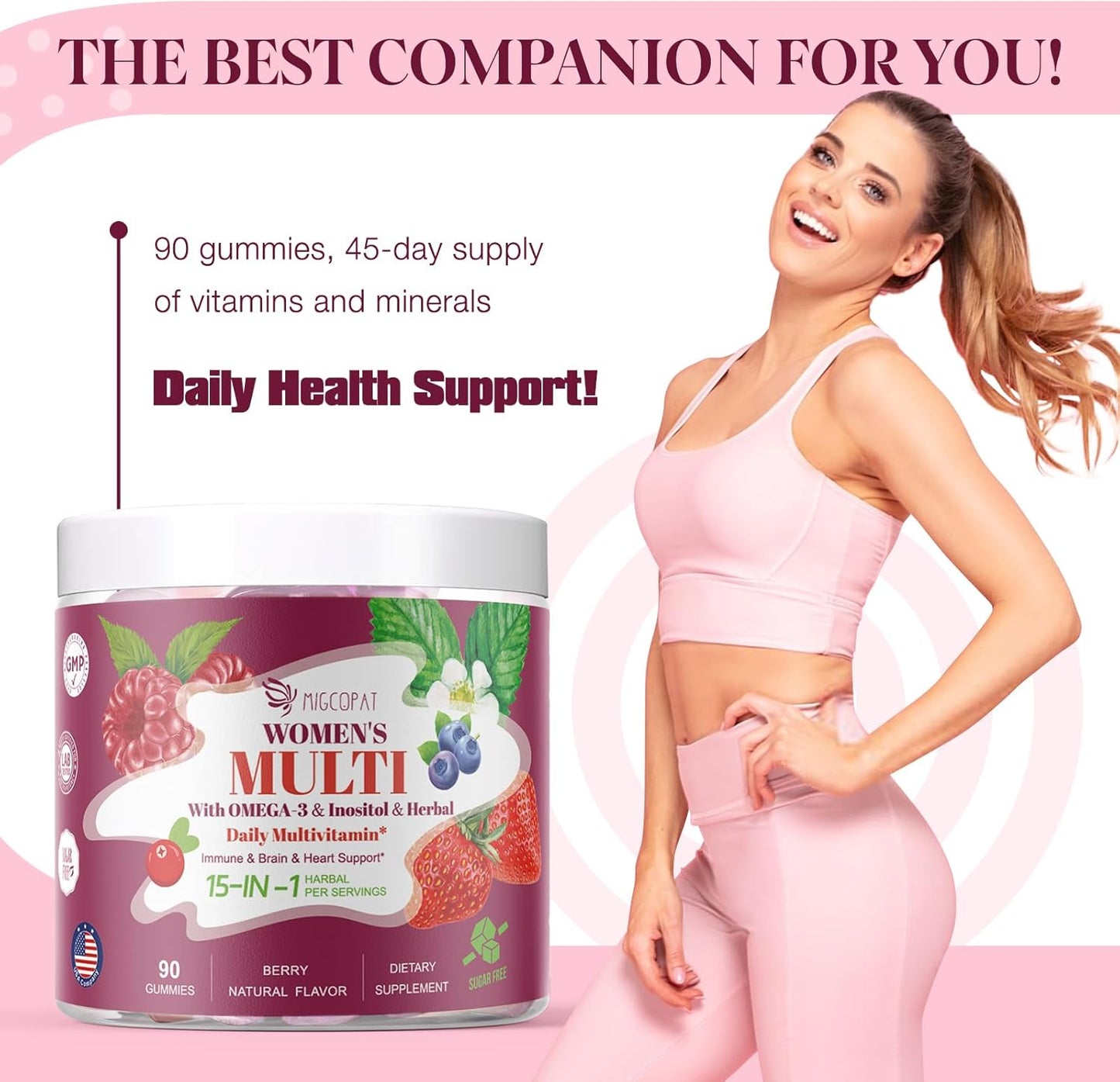 Sugar-Free Women's Multivitamin Gummies with Prebiotics, Omega-3, CoQ10, and Essential Vitamins for Heart, Brain, Gut, Energy, and Immune Support