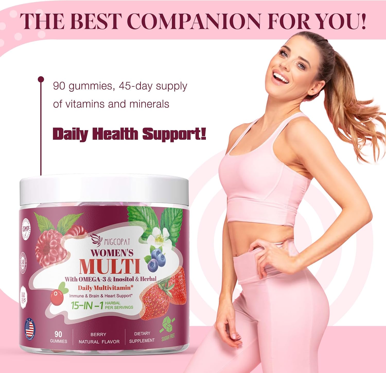 Sugar-Free Women's Multivitamin Gummies with Prebiotics, Omega-3, CoQ10, and Essential Vitamins for Heart, Brain, Gut, Energy, and Immune Support