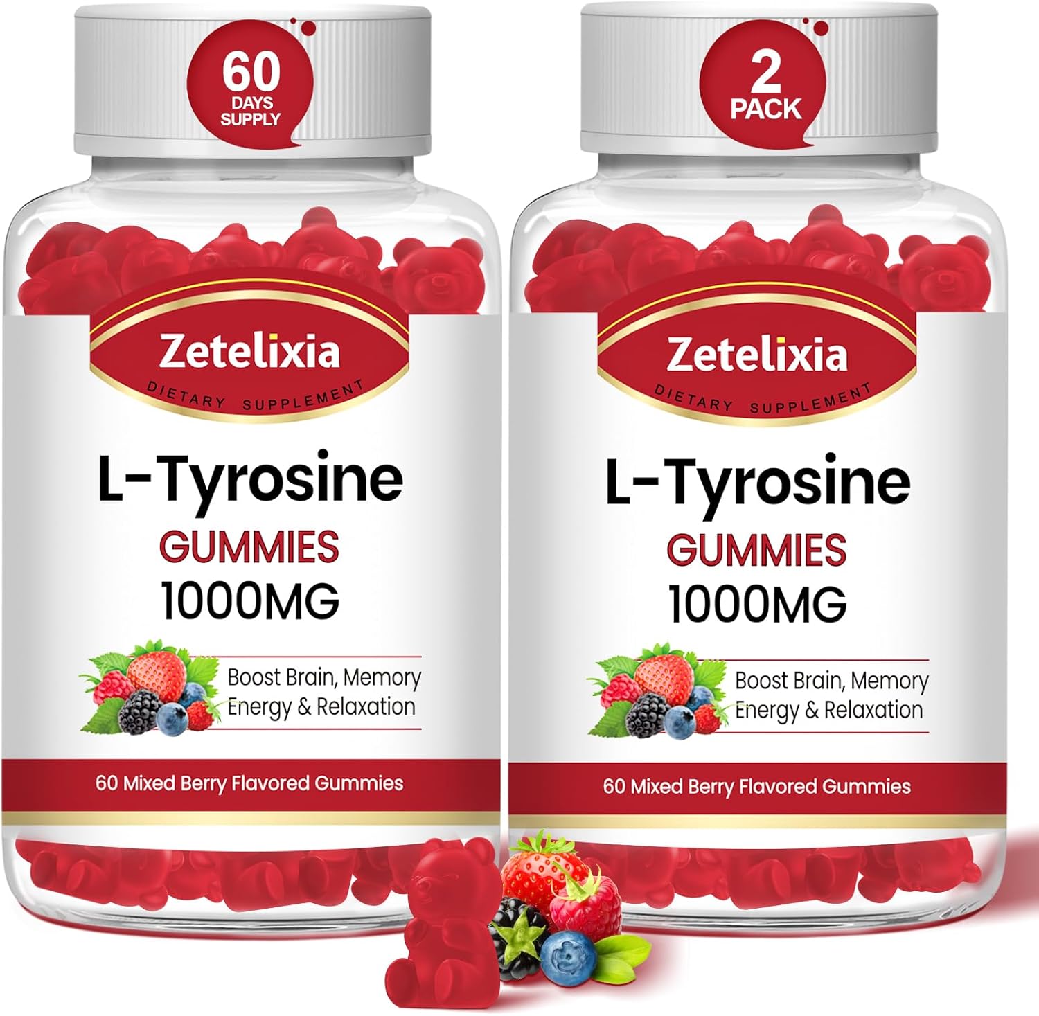 Sugar-Free Zetelixia L-Tyrosine & L-Theanine Gummies for Mood & Focus - 120 Count with Vitamin B6 - Energy Supplement for Adults & Kids