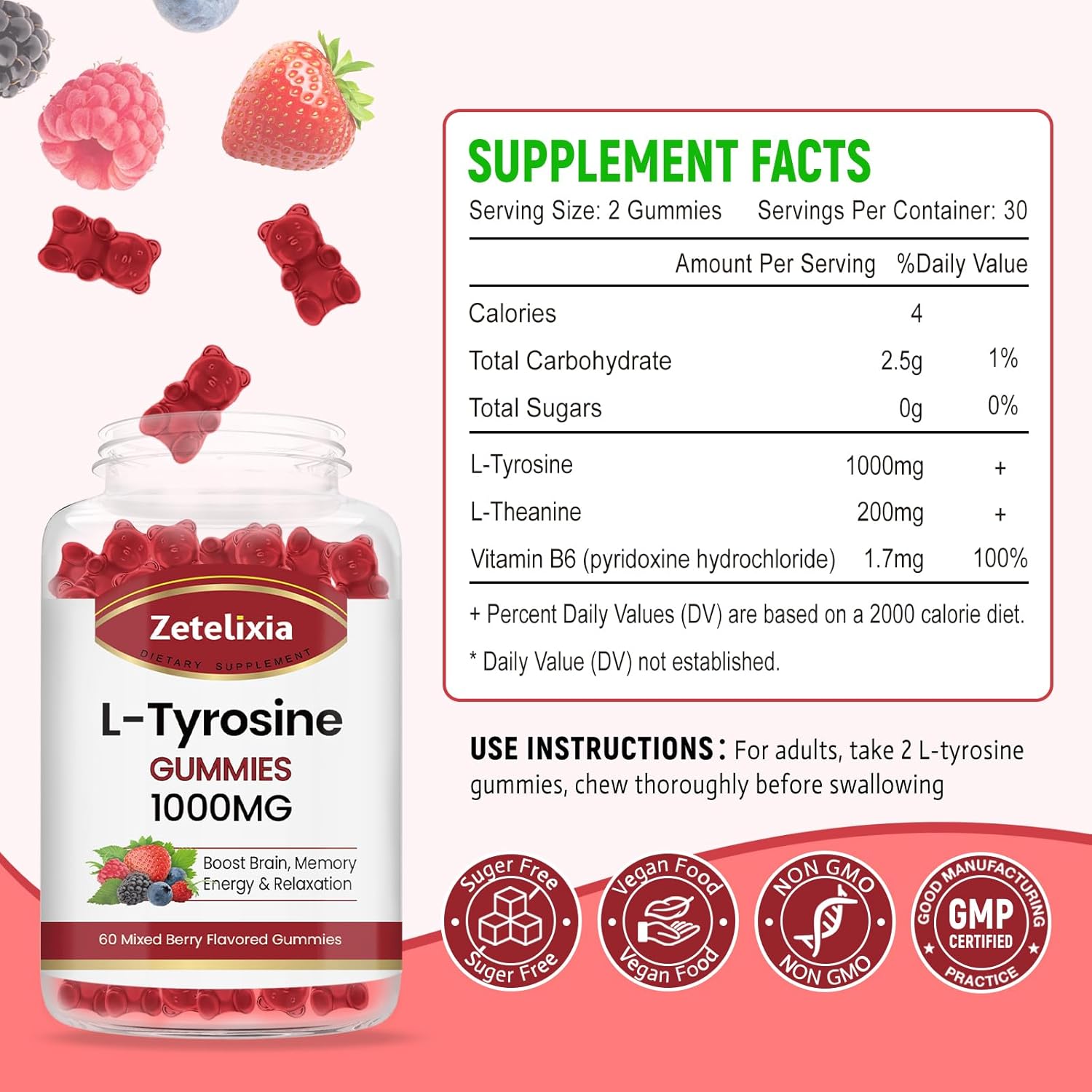 Sugar-Free Zetelixia L-Tyrosine & L-Theanine Gummies for Mood & Focus - 120 Count with Vitamin B6 - Energy Supplement for Adults & Kids