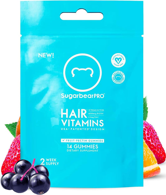 SugarbearPro Extra Strength Hair Vitamin Gummies 14-Day Supply with Biotin 6000mcg - Growth for Men & Women - Vegan B12, MSM, Inositol, Omega 3 - Certified Kosher, Halal, Cruelty-Free
